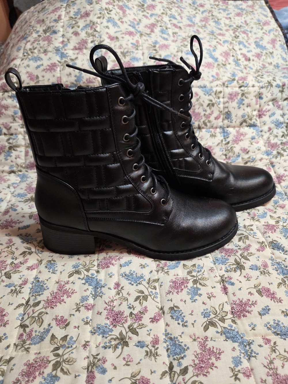 Quilted Black Lace-Up Combat Boots for Women